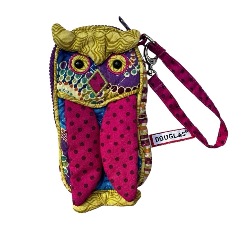 Douglas Sillo-ette Owl Fabric Zipper Wristlet Case 6”x4” Fabric Yellow Strap